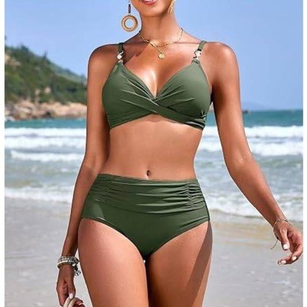 Sunshine Womens Olive Green High Waisted Bikini Set Pearl Detail Size M New